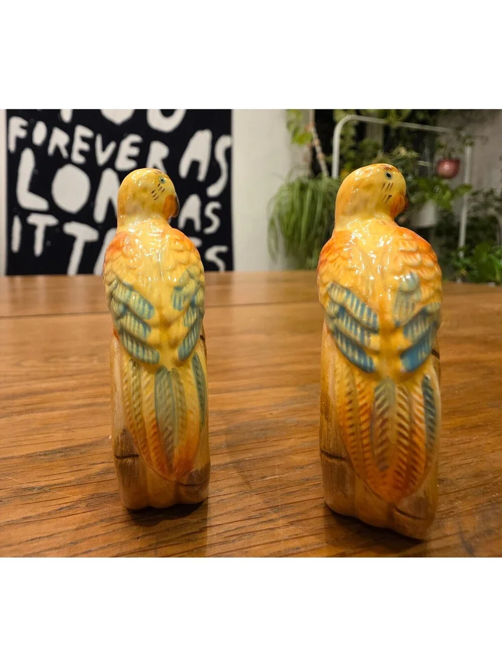 Ceramic Parrot Napkin Rings Pair  Yellow & Orange Tropical Tiki Bird